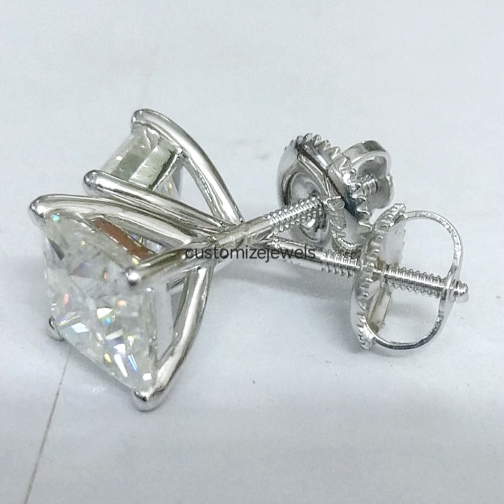 2.40 CTW Princess Cut Moissanite Stus Earrings 14K Gold , D-VVS1
